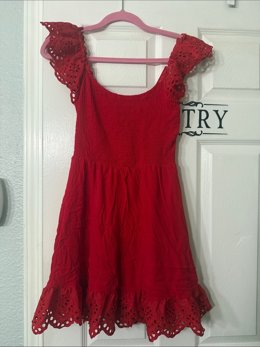 Ladies Red Eyelet Sleeve Dress